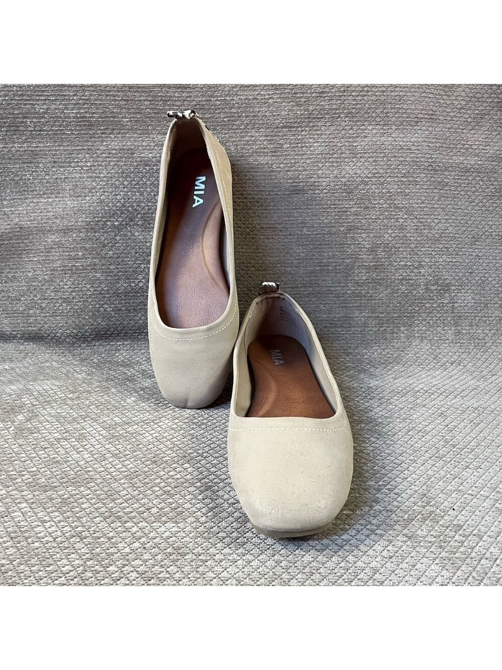 MIA Women's Size 7M Beige Ballet Flats With Snake Print Back Patch EUC